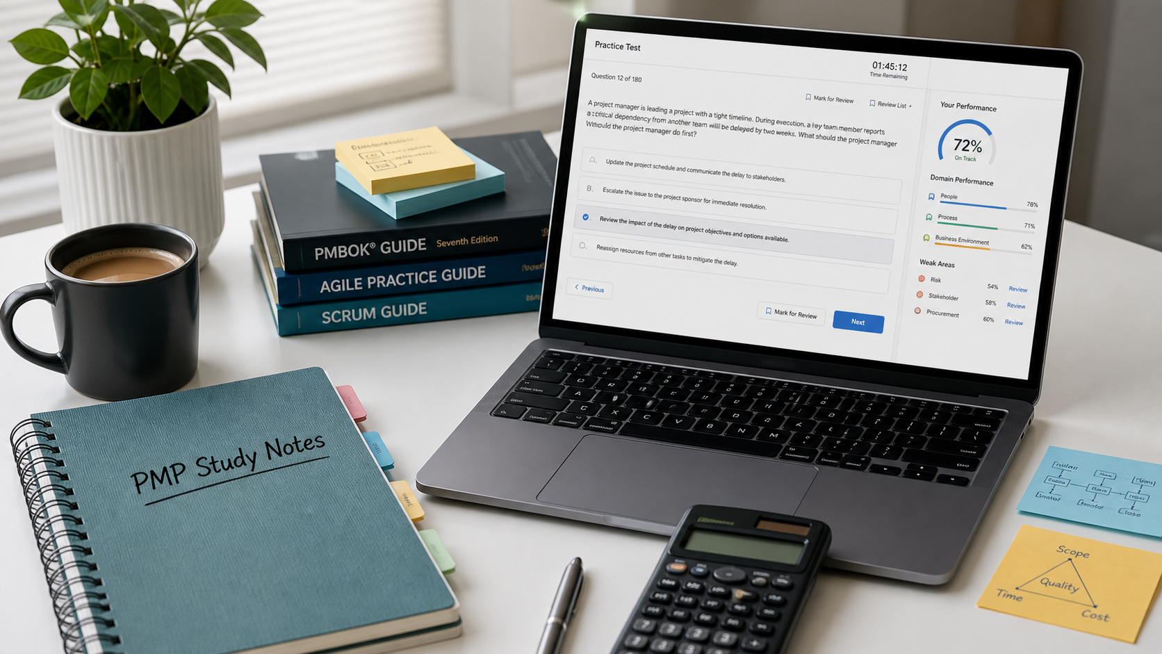Study desk with PMP notes, calculator, and practice dashboard